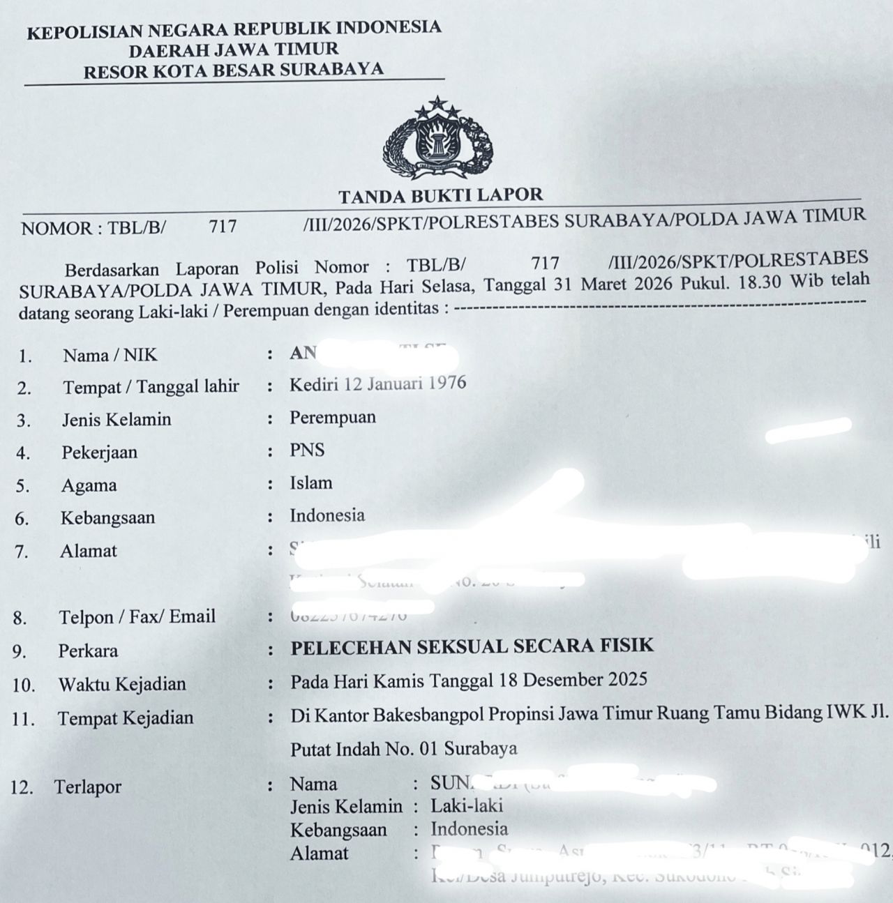 Dugaan Pelecehan ASN Jatim: Direduksi Jadi “Senggolan”, Kini Berujung Laporan Polisi