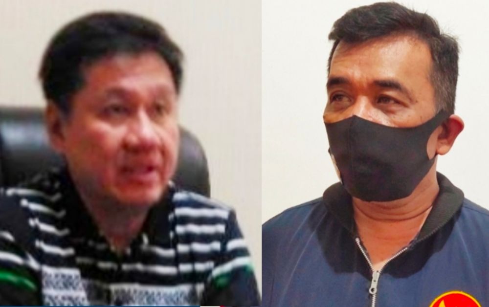 Ketua Hiperhu Surabaya, George Handiwiyanto (kiri), Ketua Badan Buruh dan Pekerja (BBP) Pemuda Pancasila Kota Surabaya (kanan)